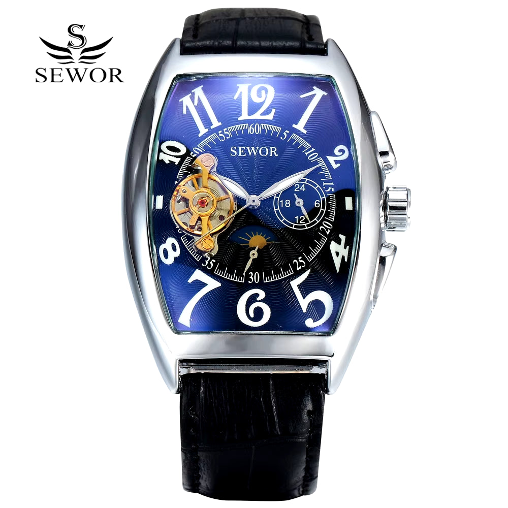 SEWOR Men's Luxury Tourbillon Automatic Mechanical Watches with Moon Phase - Casual Tonneau Design