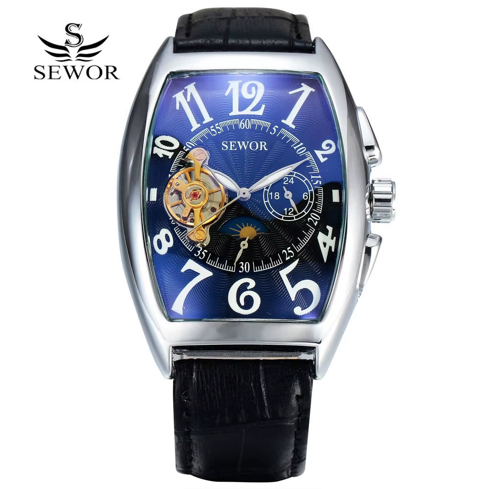 SEWOR Men's Luxury Tourbillon Automatic Mechanical Watches with Moon Phase - Casual Tonneau Design