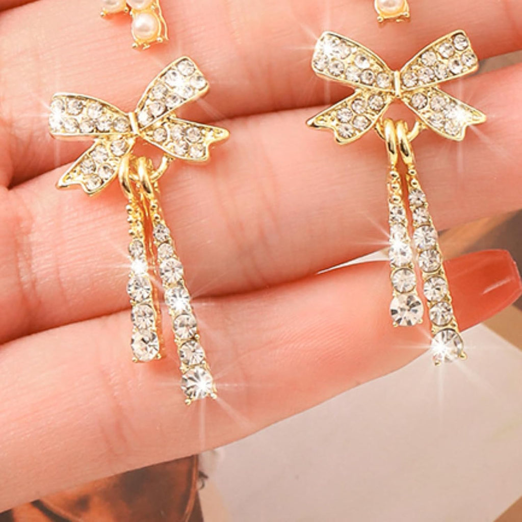 Elegant Pearl Bow Earrings with Rhinestone Accents - Gold Dangle Earrings for Women, Perfect for Christmas Gifts and Holiday Outfits