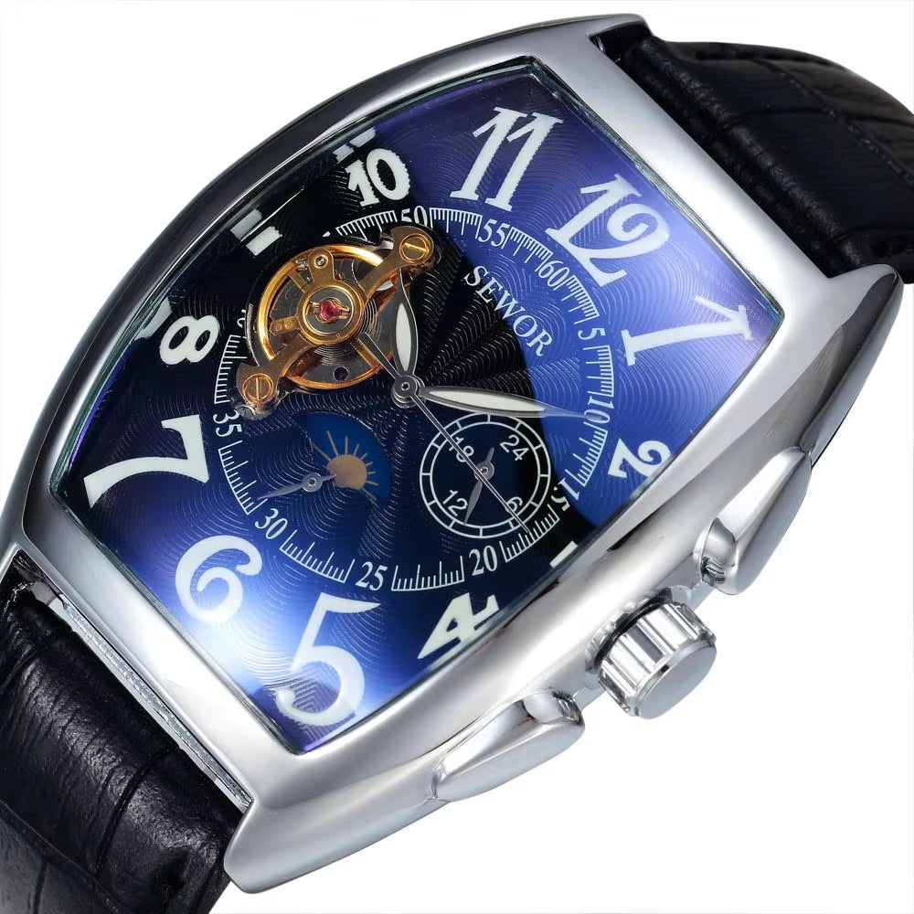 SEWOR Men's Luxury Tourbillon Automatic Mechanical Watches with Moon Phase - Casual Tonneau Design