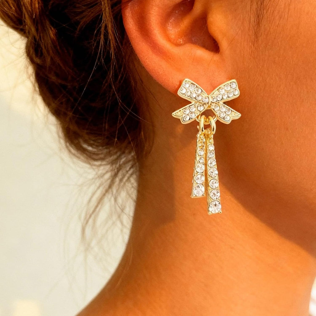 Elegant Pearl Bow Earrings with Rhinestone Accents - Gold Dangle Earrings for Women, Perfect for Christmas Gifts and Holiday Outfits