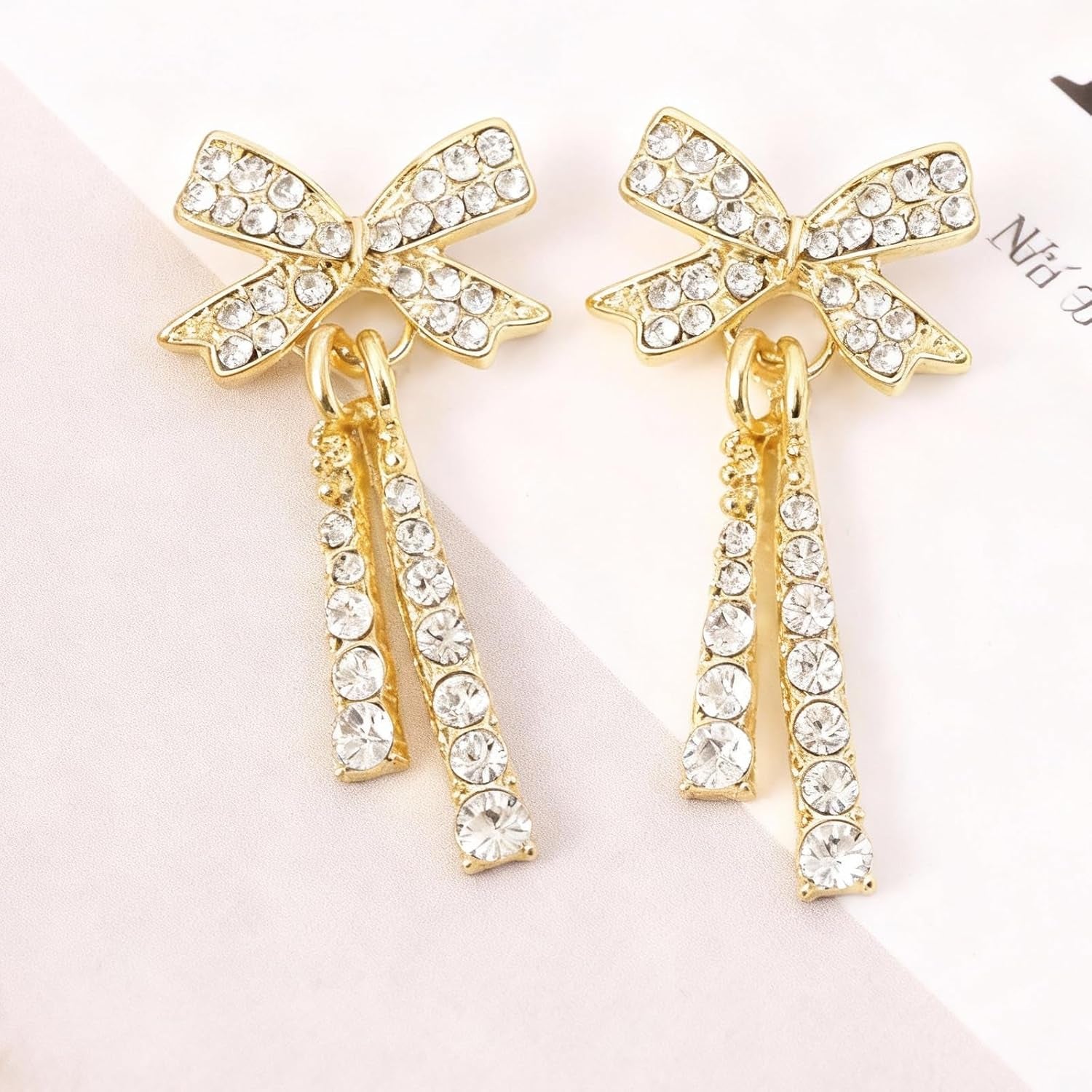Elegant Pearl Bow Earrings with Rhinestone Accents - Gold Dangle Earrings for Women, Perfect for Christmas Gifts and Holiday Outfits