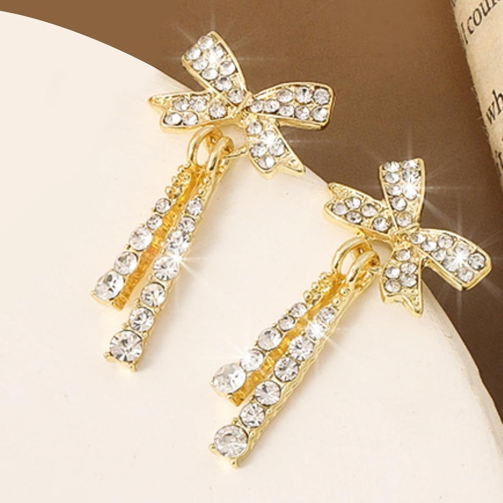 Elegant Pearl Bow Earrings with Rhinestone Accents - Gold Dangle Earrings for Women, Perfect for Christmas Gifts and Holiday Outfits