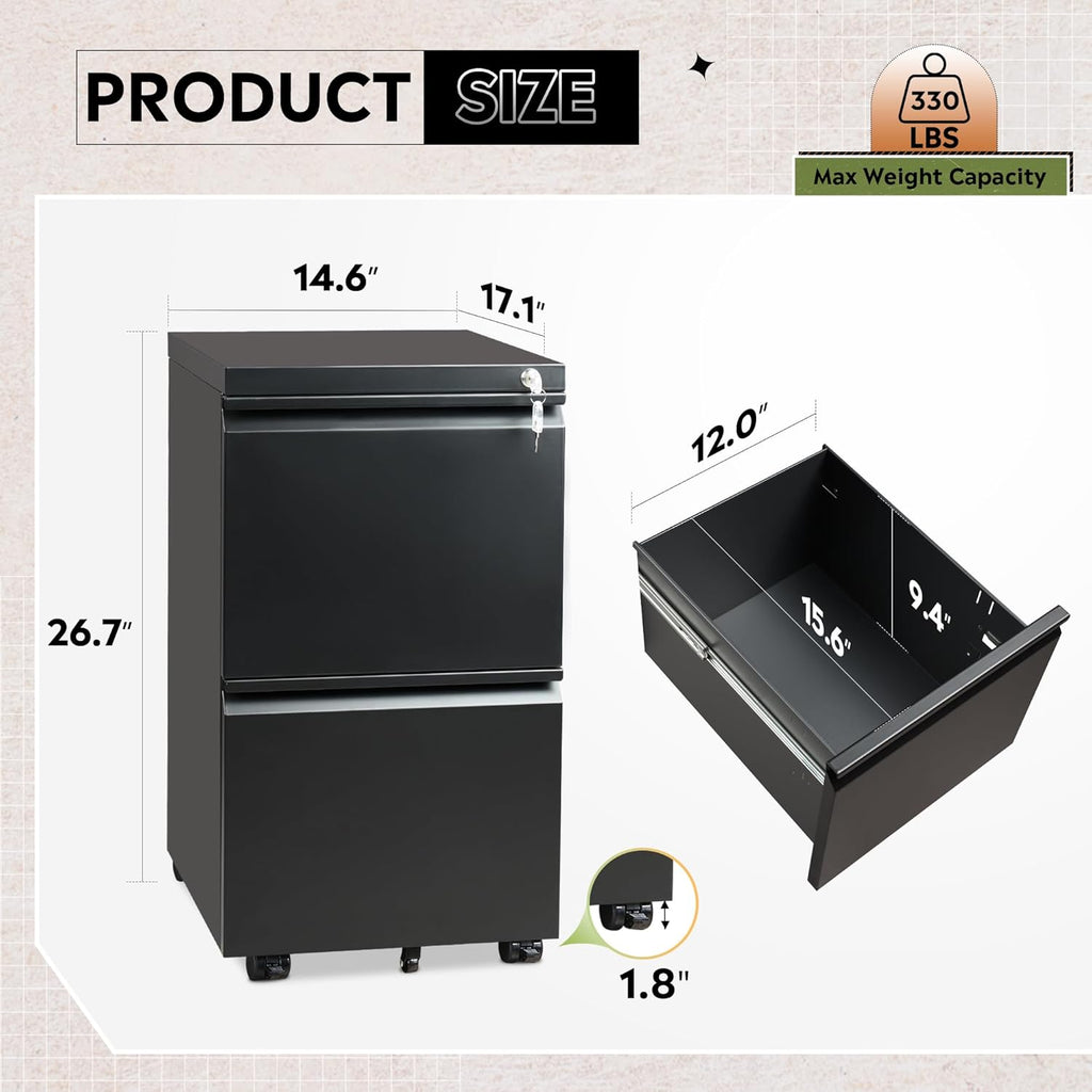 2-Drawer Metal File Cabinet, Fully Assembled, Under Desk, Black Finish, Lockable, Accommodates Letter, Legal, and A4 Size Files