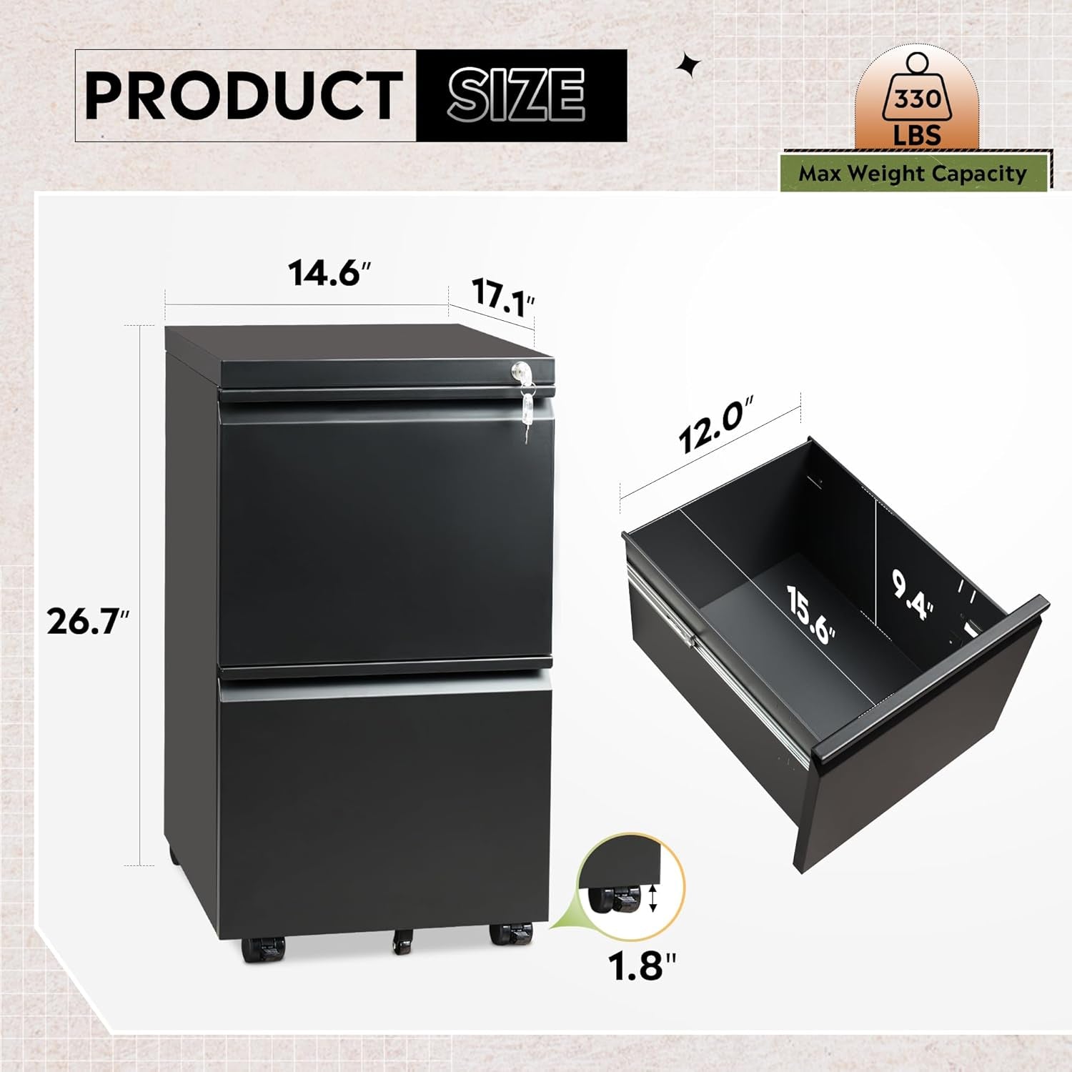 2-Drawer Metal File Cabinet, Fully Assembled, Under Desk, Black Finish, Lockable, Accommodates Letter, Legal, and A4 Size Files