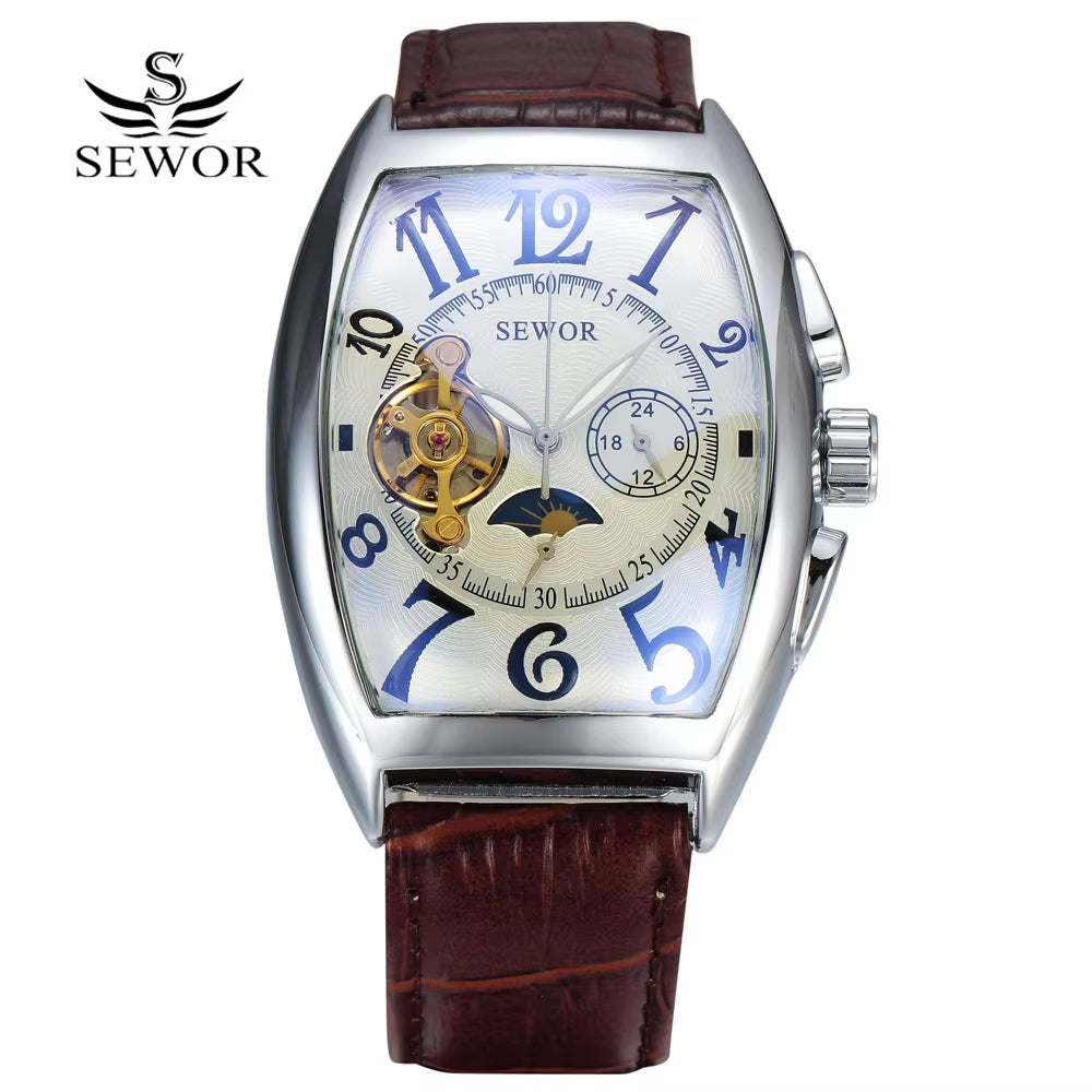 SEWOR Men's Luxury Tourbillon Automatic Mechanical Watches with Moon Phase - Casual Tonneau Design