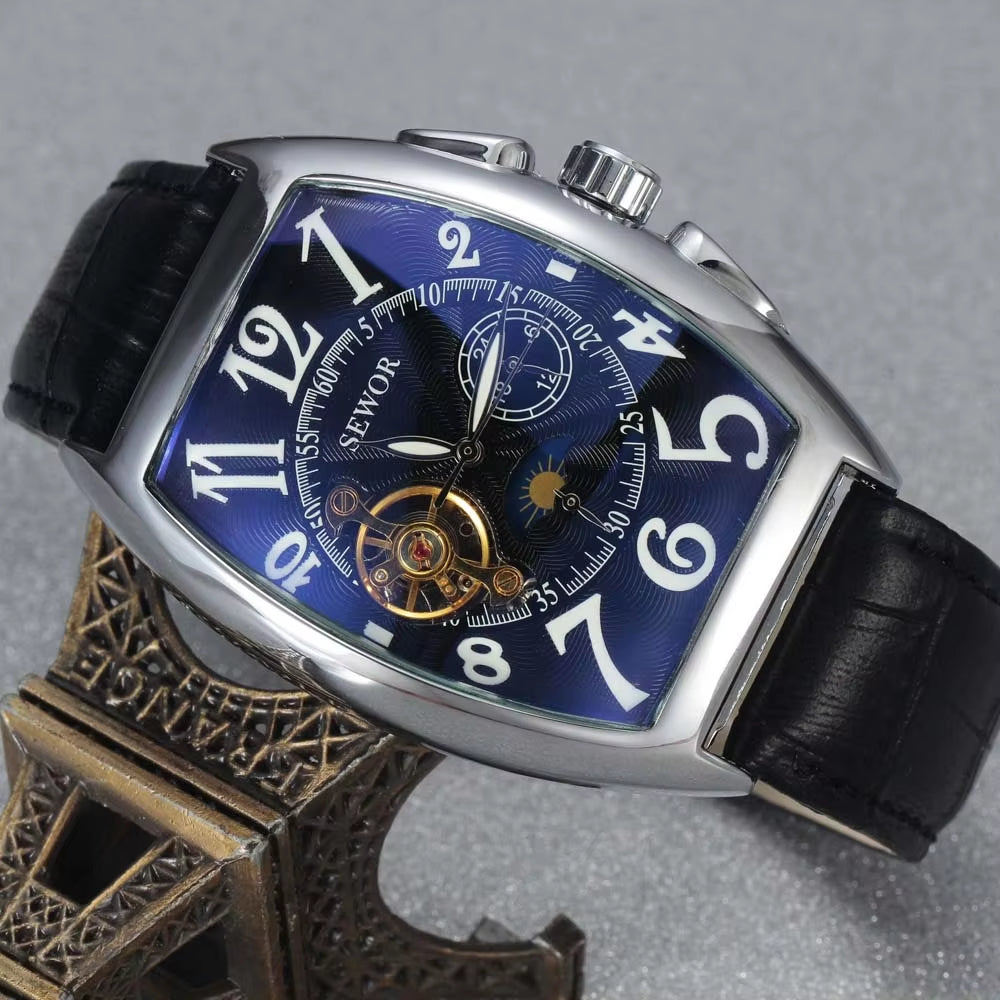 SEWOR Men's Luxury Tourbillon Automatic Mechanical Watches with Moon Phase - Casual Tonneau Design