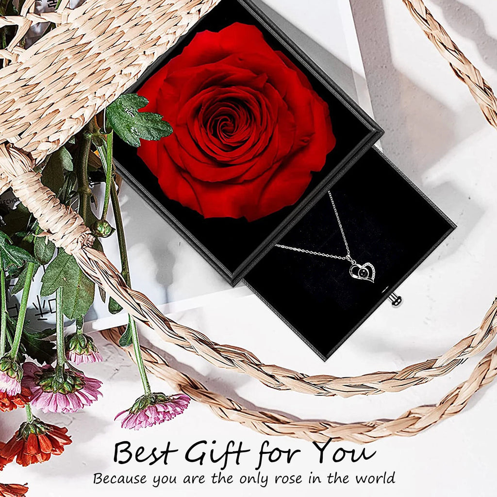 Eternal Preserved Red Rose with "I Love You" Necklace in 100 Languages - Timeless Floral Gifts for Mother's Day, Valentine's Day, Anniversaries, and Birthdays for Women