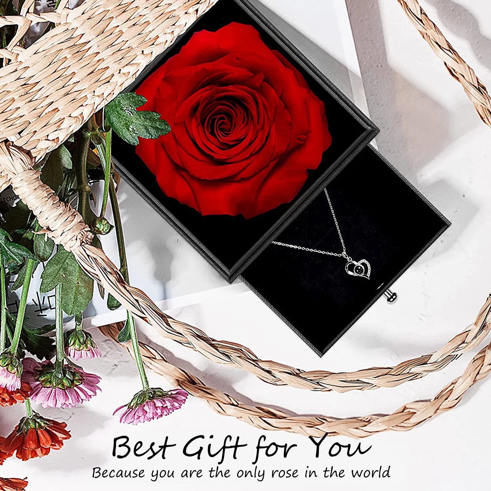 Eternal Preserved Red Rose with "I Love You" Necklace in 100 Languages - Timeless Floral Gifts for Mother's Day, Valentine's Day, Anniversaries, and Birthdays for Women