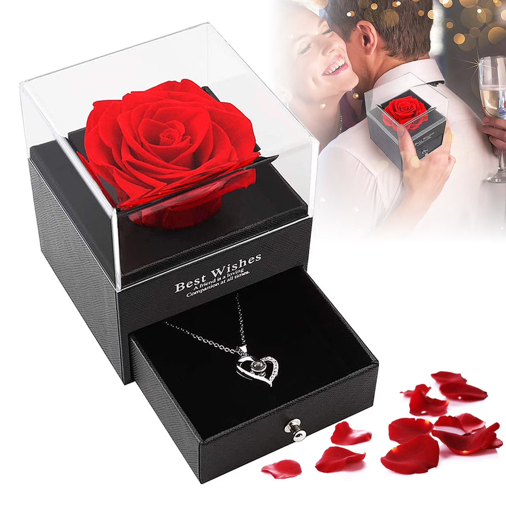 Eternal Preserved Red Rose with "I Love You" Necklace in 100 Languages - Timeless Floral Gifts for Mother's Day, Valentine's Day, Anniversaries, and Birthdays for Women