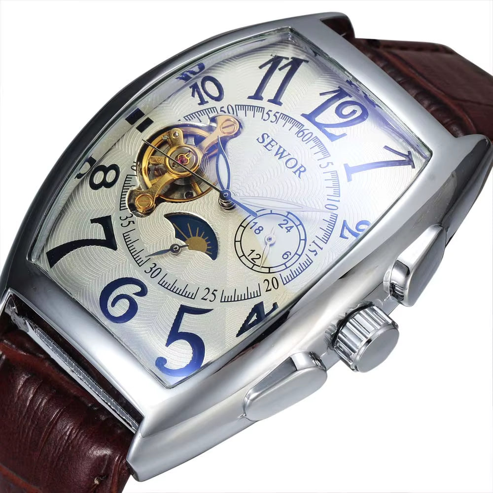 SEWOR Men's Luxury Tourbillon Automatic Mechanical Watches with Moon Phase - Casual Tonneau Design
