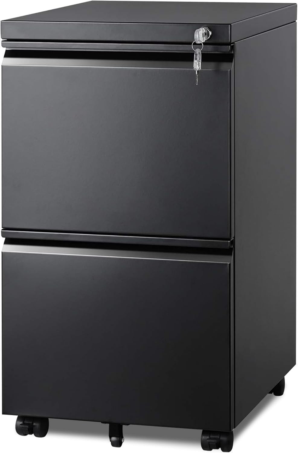 2-Drawer Metal File Cabinet, Fully Assembled, Under Desk, Black Finish, Lockable, Accommodates Letter, Legal, and A4 Size Files