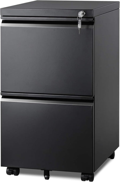 2-Drawer Metal File Cabinet, Fully Assembled, Under Desk, Black Finish, Lockable, Accommodates Letter, Legal, and A4 Size Files