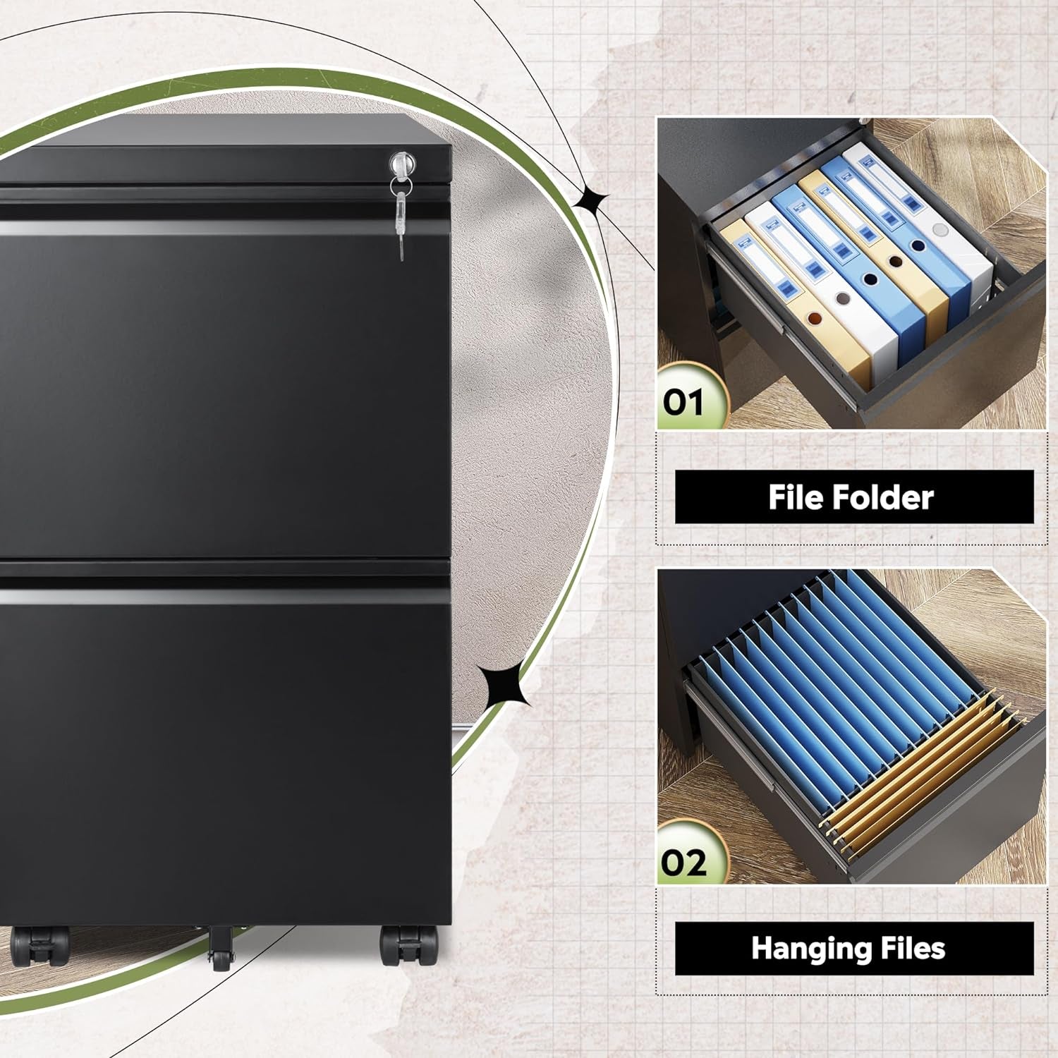 2-Drawer Metal File Cabinet, Fully Assembled, Under Desk, Black Finish, Lockable, Accommodates Letter, Legal, and A4 Size Files