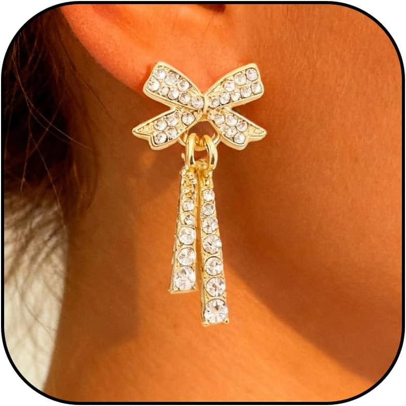 Elegant Pearl Bow Earrings with Rhinestone Accents - Gold Dangle Earrings for Women, Perfect for Christmas Gifts and Holiday Outfits
