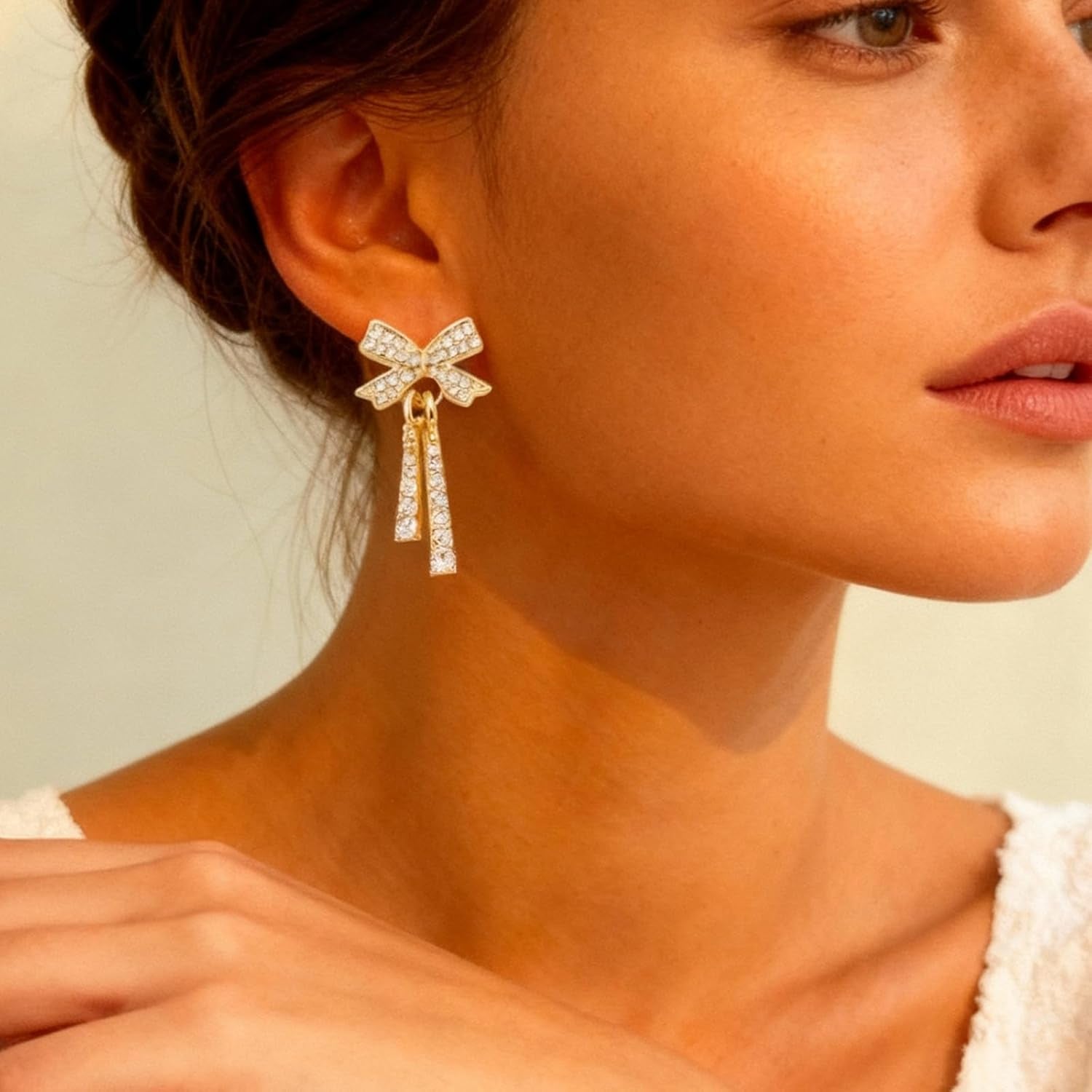 Elegant Pearl Bow Earrings with Rhinestone Accents - Gold Dangle Earrings for Women, Perfect for Christmas Gifts and Holiday Outfits