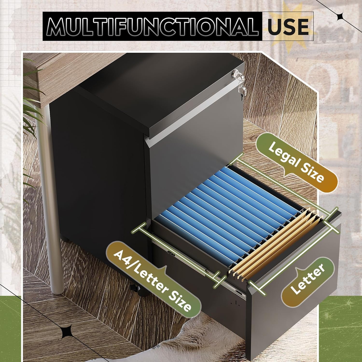 2-Drawer Metal File Cabinet, Fully Assembled, Under Desk, Black Finish, Lockable, Accommodates Letter, Legal, and A4 Size Files